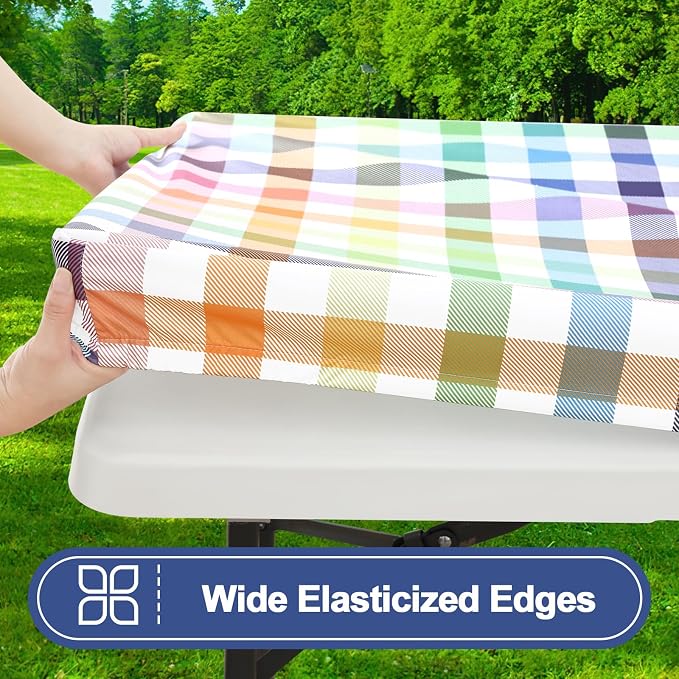 Smiry Picnic Table Cover with Bench Covers, Waterproof Elastic Fitted Tablecloths for 8 Foot Rectangle Tables, Washable Buffalo Plaid Tablecloth for Camping, Easter (Yellow & Green, 30"x96")