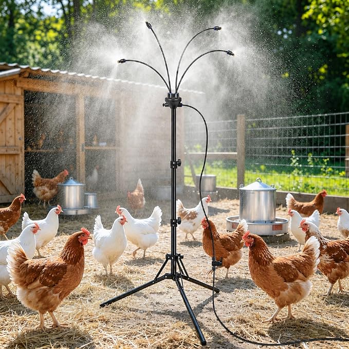 BobbleT Standing Misters for Chicken Coop, 5.3 FT Adjustable Poultry Cooling Misting System, 360° Full Coverage Cooling Portable Water Mister for Outside Patio, Helps Relieve Heat Stress, Reduce Dust