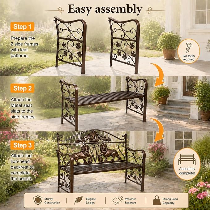 44.5" Outdoor Garden Bench, Heavy-Duty Metal Frame Patio Park Bench with Vintage Lion Design for Porch, Balcony, Backyard & Entryway
