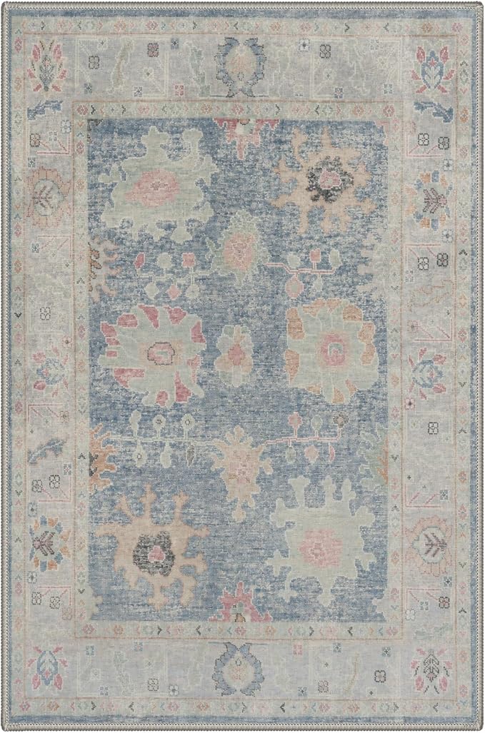 2x3 Doormat, Vintage Floral Washable Non Slip Area Rug for Entrance | Vintage Floral Soft Low Pile Boho Small Rug for Entryway Bedside Kitchen, Stain Resistant Easy Care Indoor Rug, Dusty Blue
