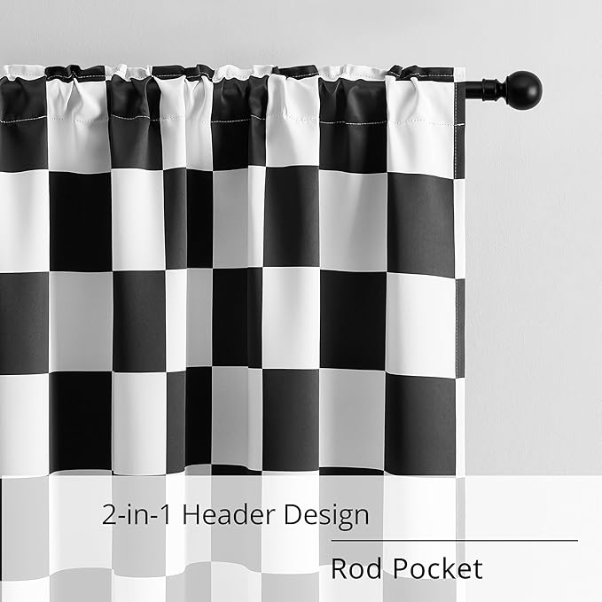 Rod Pocket & Back Tab Checkered Curtains, 100% Blackout, Race car Flag Checkerboard Curtains, Thermal Insulated, Noise Reducing, 3-inch Checkered, 2 Panels, Each W26×L84