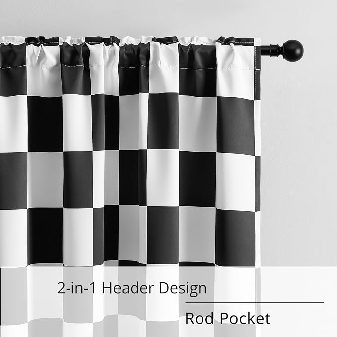 Rod Pocket & Back Tab Checkered Curtains, 100% Blackout, Race car Flag Checkerboard Curtains, Thermal Insulated, Noise Reducing, 2 Panels, Each W42×L54