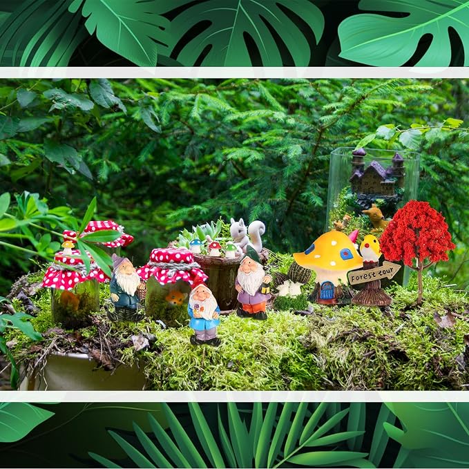 58 Pcs Miniature Garden Set Gnome Mushrooms Animals Fairy House Diorama Supplies Fairy Village Mini Terrarium Figurines Micro Landscape Ornament Mixed Tree for DIY Garden Succulent Dollhouse decor