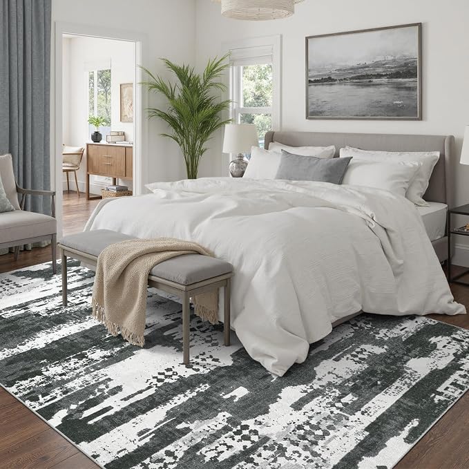 DCX Washable Abstract Area Rug 6x9, Non Slip Low Pile Rug, Black | Easy to clean, non-shedding, soft, kid & pet friendly, with a non-slip rubber backing for living rooms, bedrooms, and offices