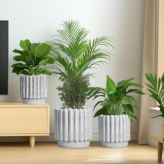 Ceramicfor Ceramic Planter, 12 Inch, Black and White | Indoor Plants, Drainage Hole, Fluted Round Design, Indoor & Outdoor Use