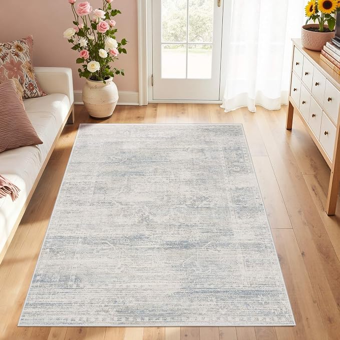 Latte&Fog 3x5 Entryway Blue Area Rugs, Vintage Washable Rugs Boys Bedroom | Non Slip Low Pile Soft Floral Cute Carpet for Dining Kitchen Kids Playroom Nursery Guest Room Classroom Dorm Farmhouse Office