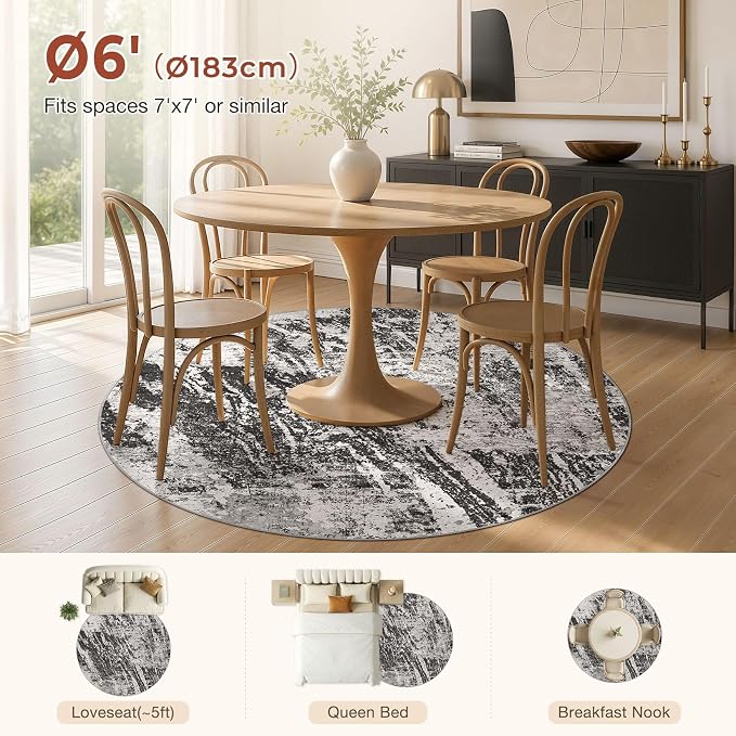 DMOYEST 6ft Round Area Rug for Living Room Washable Non Slip Circle Rug | 6x6 Neutral Modern Abstract Low Pile Rugs Kid & Pet Friendly Soft Carpet for Bedroom and Dining Room - Light Black