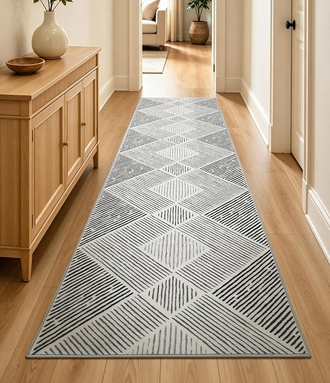 2‘x8' Non-Slip Black and White Geometric Runner Rug for Hallway | Washable, Low Pile, Stain Resistant, Modern Stripe Long Rug for Kitchen Entryway Bedroom