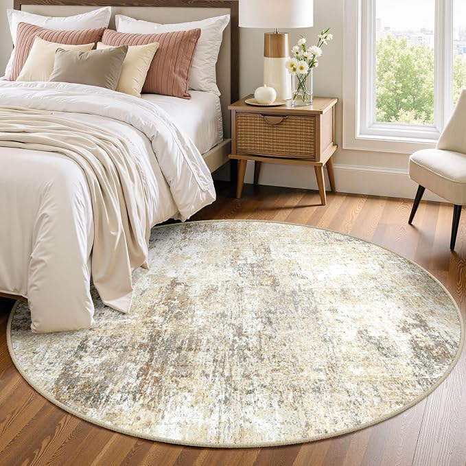 RELEANY Washable Round 4ft Area Rug for Living Room Neutral Brown | Carpet for Bedroom, Kitchen, Office, Hallway and Entryway, Printed Pattern, Non‑Slip, Soft, Stain‑Resistant, Easy to Clean