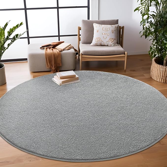 4' Grey Round Area Rug Modern Solid | Washable Memory Foam, Low Pile Non Slip Indoor Carpet for Living Room Bedroom Office Classroom College Dorm Room Home Decor