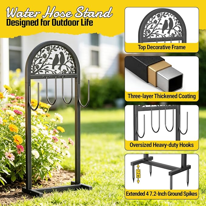YQSLYSF Garden Hose Holder for Outside, Water Hose Reel Freestanding with 4 Stake, Heavy Duty Metal Hose Stand Storage Rack Holds 150Ft