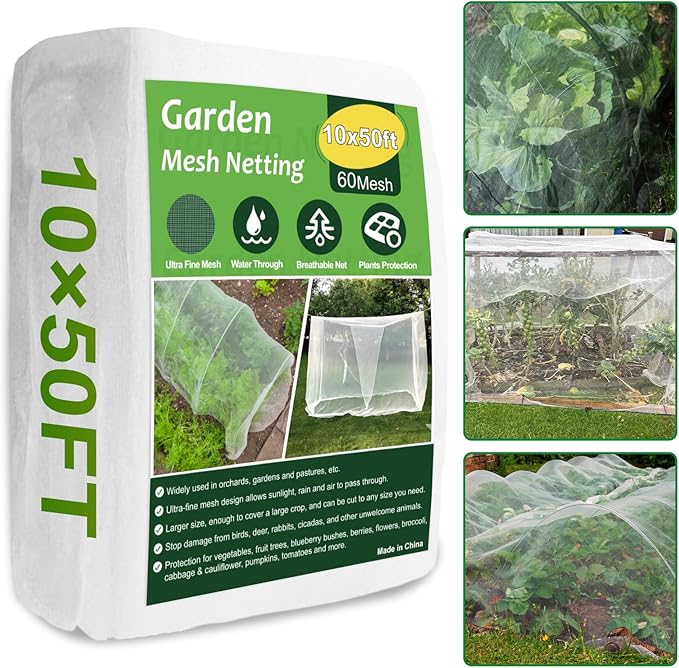 NONMON Garden Netting 10 x 50FT Ultra Fine Mesh Netting, Insect Netting Plant Covers Pest Barrier Protection Bird Mosquito Netting for Raised Beds Vegetables Fruits Flowers Crops Blueberry Shrubs