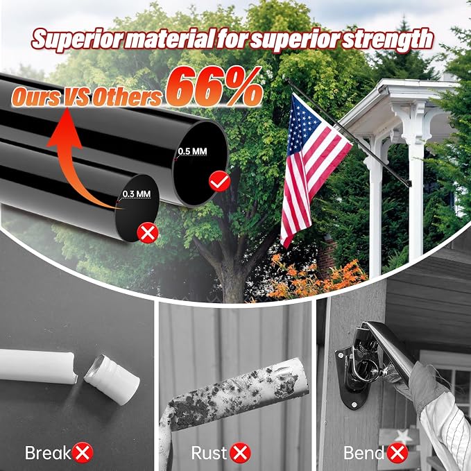ZMTECH 2 Pcs 6FT American Flag Pole Kit with Solar Light, 180° Adjustable Flag Holder, Tangle Free Stainless Steel Flag Pole for Outside House, Black (No Flag Included)