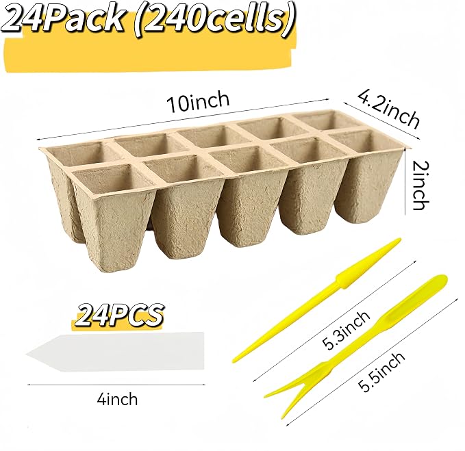240 Cells Seed Starter Tray, 24 Pack Biodegradable Peat Pots with 24 Plant Labels, Organic Seed Starting Trays kit
