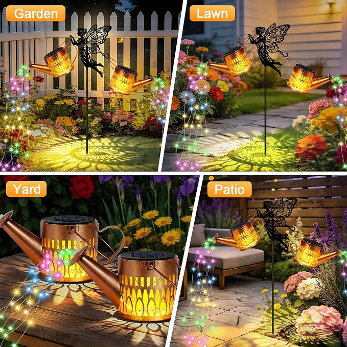 2 Pack Solar Watering Can Lights, Metal Solar Lights Outdoor Decorative with Fairy Silhouette Stake, Waterproof Hanging Lantern Garden Decor Light for Outside, Patio, Yard, Birthday Gifts, Multicolor