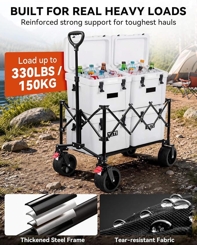 Hikenture Foldable Beach Wagon with Big Wheels for Sand, 330 lbs Capacity | Large wagon for beach, camping, sports & grocery hauling; Big wheels for sand & gravel; One-hand fold