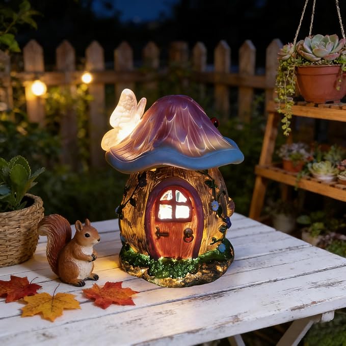 Mushroom Fairy Garden House Statue Outdoor Figurine with Solar Light,Garden Fairy House Decor,Fairy Cottage Ornaments,for Patio Yard Balcony Decoration,Gifts for Mom & Women