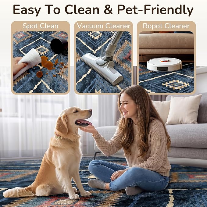4'x6' Washable Area Rug for Living Room Bedroom Darkblue | Soft Western No Slip Low Pile Print Foldable Indoor for Kitchen Dining Room
