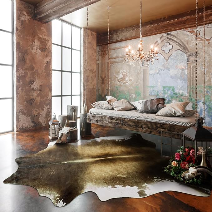 Washable Non Slip Cowhide Area Rug 5x6 Brindle and White, Faux Animal Skin Carpet for Bedroom, Western Rustic Cottagecore Teen Room Decor Rugs for Under Coffee Table Bedside