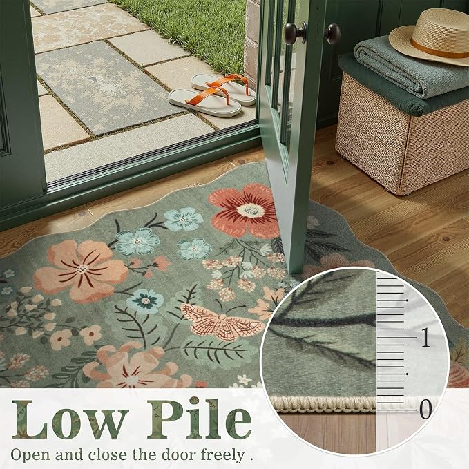 DCX Vintage Floral Washable Area Rug 2x6, Non Slip Low Pile Rug, Sage Green | Rugs for entryway, kitchen, dining room, office, soft, kid & pet friendly, sain resistant indoor carpet, home decor