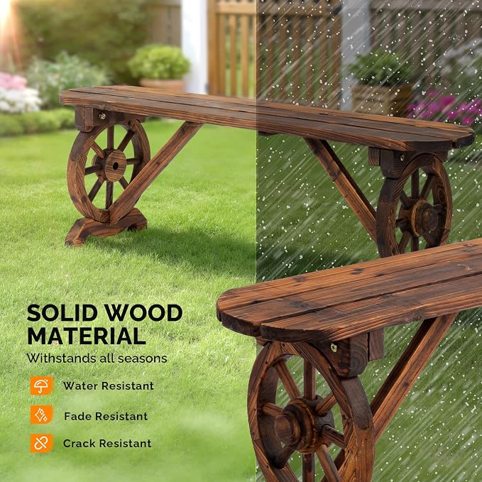 VINGLI Rustic Wooden Wheel Bench Outdoor Bench, Patio Bench Wagon Slatted Seat, Garden Benches for Outdoors 350lbs High Capacity, Weather Resistance (Rustic, 46in)
