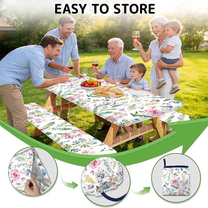 Picnic Table Cover with Bench Covers Elastic Edges, 3 Pcs Flower Fitted Table Cover with Drawstring Bag, Waterproof Windproof Aesthetic Camping Tablecloth, Outdoor Camping Essentials 72 Inch