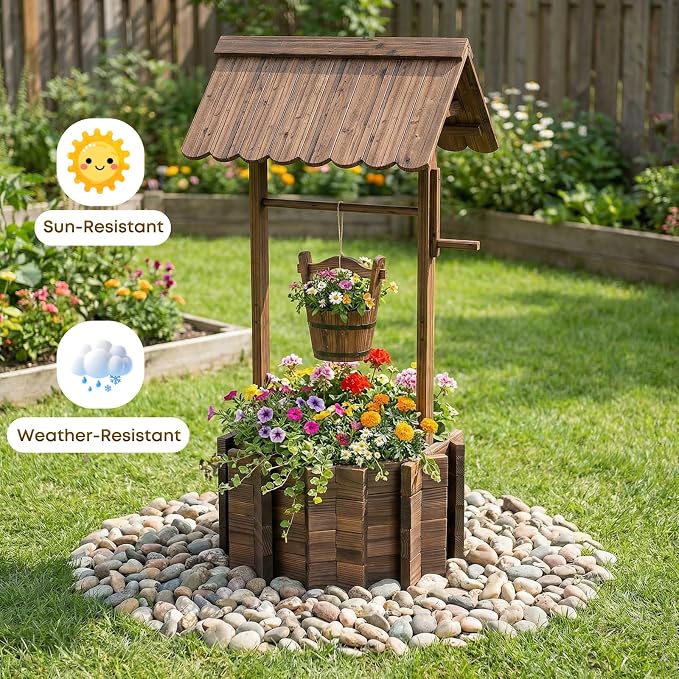 Wishing Wells for Outside,Wooden Wishing Well Planter,Rustic Flower Planter for Garden Patio Lawn Backyard Home Decor-21.7X21.7X47.25IN