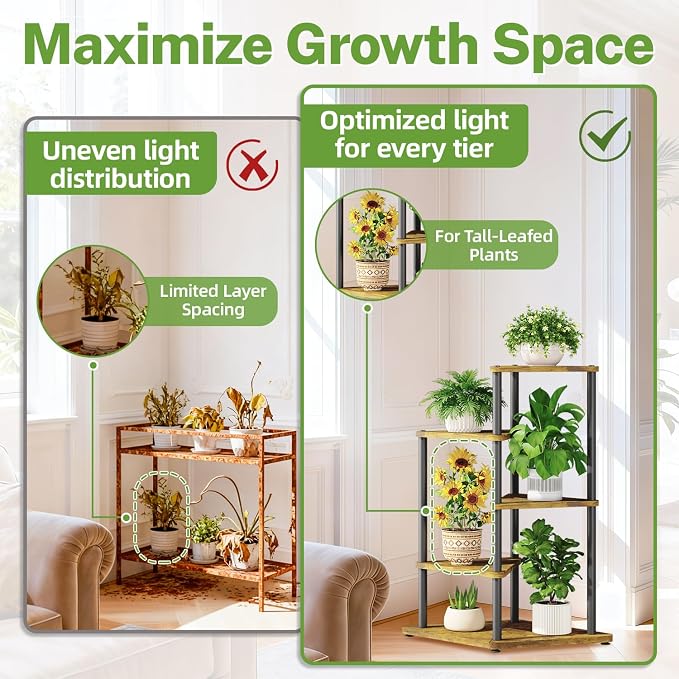iDavosic.ly Tall Plant Stand Indoor for Large & Heavy Duty Planters, 4 Tier Corner Flower Shelf with Wooden Trays & Metal Frame, 33 Inch Orchid Rack for Living Room Balcony Porch, Black & Brown