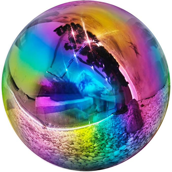 10 inch Stainless Steel Gazing Ball Rainbow Gazing Globe Mirror Reflective Garden Sphere Floating Pond Balls Gazing Ball Colorful and Shiny Home Outdoor Ornament