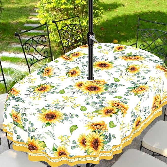 Outdoor Tablecloth with Umbrella Hole and Zipper, Oval Patio Table Covers for Spring/Summer, Machine Washable Outdoor Picnic Table Cloth (Sunflower, 60" × 84" Oval)