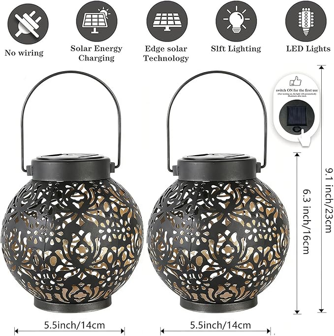 2 Pack Solar Lanterns Outdoor Gifts, IP44 Waterproof Hanging Solar Lights Decor Lamp for Garden, Patio, Pathway, Yard, Porch (Classic Black Flower)
