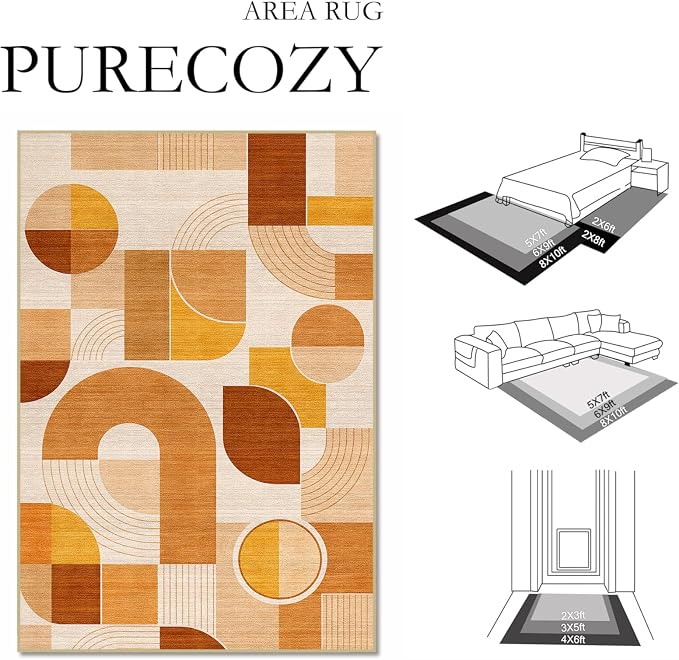 Orange Rug 2x6 Hallway Runner Rug Geometric Mid Century Modern Rugs | Washable Abstract Low Pile Non-Slip Geometric Long Carpet for Kitchen Bedroom Doorway Bathroom Laundry