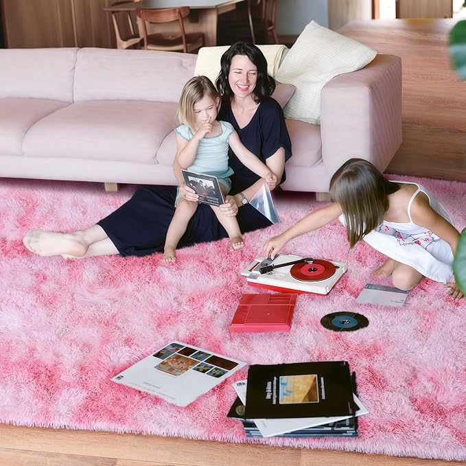 Rugs for Bedroom, Ultra Fluffy Fuzzy Shag 5x7 Area Rug for Living Room, Modern Plush Soft Upgrade Non-Slip Carpet for Kids Girls and Boys, Dorms, Nursery, Home Decor, Tie-Dyed Pink