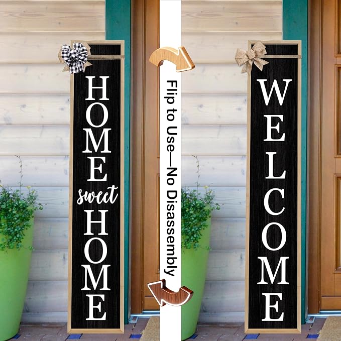 Outdoor 2in1 Welcome Sign for Front Door Home Sweet Home Sign for Farmhouse Tall Outdoor Front Porch Standing 2 Sided 45"X9" Large Vertical Leaner Rustic Outside Decor (Wood Black)