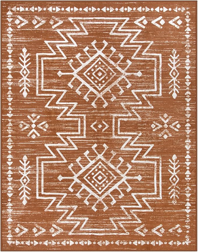 Lahome Vivienne 8x10 Boho Rugs for Living Room, Washable Western Burnt Orange Large Area Rug for Bedroom Dining Room, Soft Stain Resistant Aztec Carpet Fall Rug for Guestroom Office