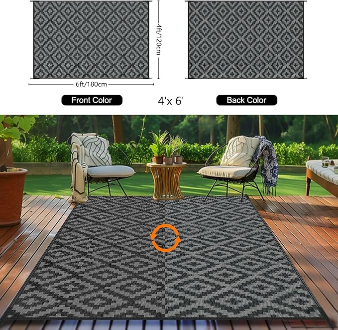 Outdoor Patio Plastic Straw Rug - 4x6 ft Outdoor Camping Rug Waterproof Reversible, Area Carpet Patios RV, Outside Porch Balcony Deck for Camper, Black & Grey