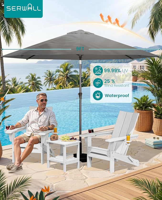 SERWALL Modern Folding Adirondack Chair Set with 9 Ft Umbrella, Folable Adirondack Chairs Set of 2 with Cup Holders, HDPE Fire Pit Chairs for Patio Lawn Garden, White (Umbrella Base is not Included)