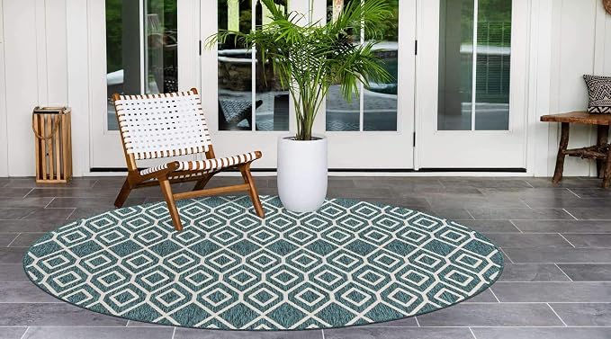 Jill Zarin Outdoor Collection Area Rug - Turks and Caicos (6' 7" Round Teal/Ivory)