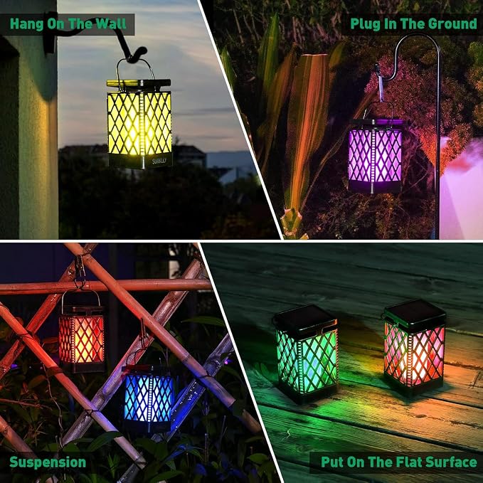 Solar Lanterns-Sunklly Hanging Solar Lights Color Changing & Fixed 9 Modes Waterproof Hanging Lanterns Outdoor Lights Flickering Flame Camping Lanterns Decoration for Garden Patio Pathway(2 Pack)