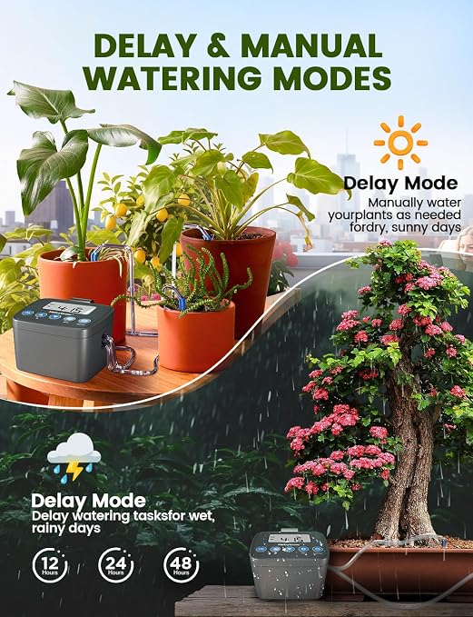 Automatic Watering System for Potted Plants, Drip Irrigation Kit System, Plant Self Watering Devices for Office Patio Greenhouse GrowTent, with Programmable Water Timer（Black
