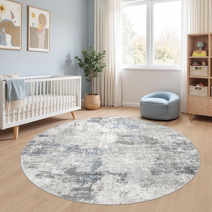 DMOYEST 6ft Round Area Rug for Living Room Washable Non Slip Circle Rug | 6x6 Neutral Modern Abstract Low Pile Rugs Kid & Pet Friendly Soft Carpet for Bedroom Dining Room - Grey Blue
