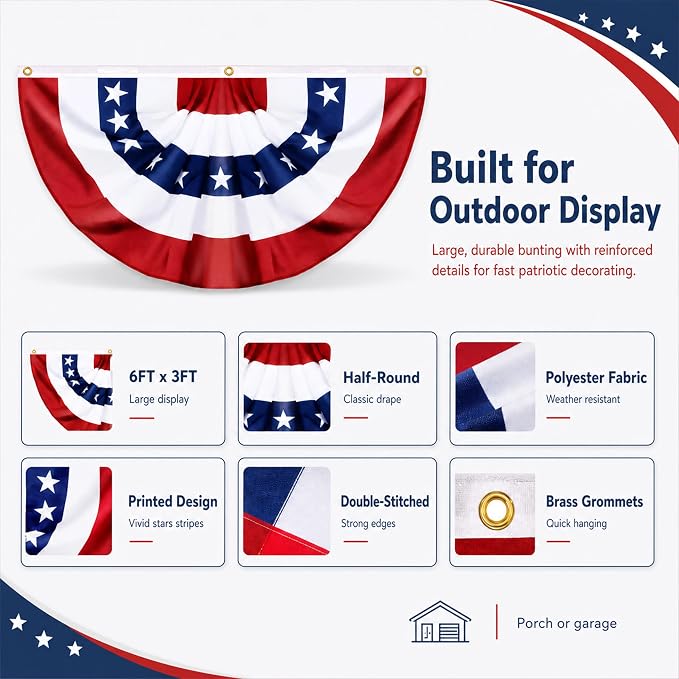 4 Pack Large USA Patriotic Pleated Fan Flag Set - 3x6 Ft American Bunting Flags with Sewn Stripes, Brass Grommets - Memorial Day Independence Day 4th of July Outdoor Decorations