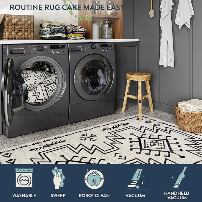Lahome 5x7 Moroccan Living Room Rug, Western Washable Area Rugs for Bedroom | Boho Soft Low Pile Non Shedding Distressed Aztec Dining Room Carpet for Office Home Decor (Ivory)