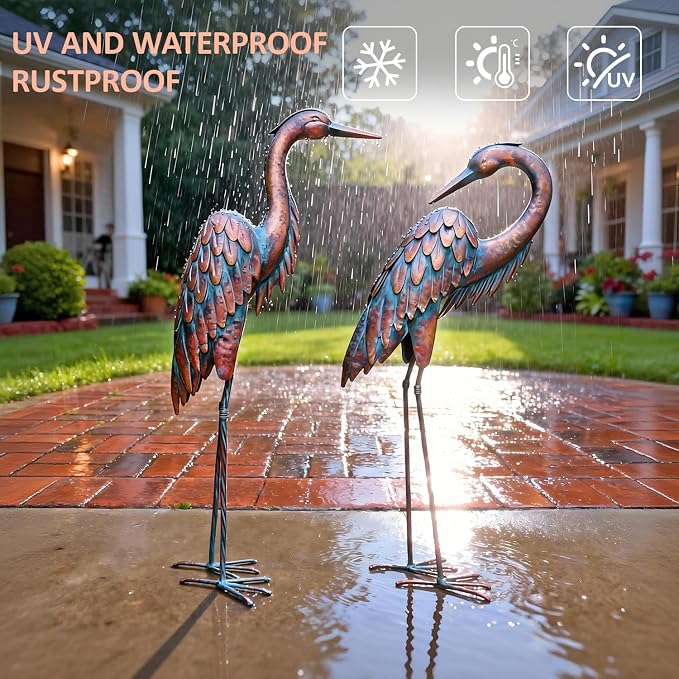 Kircust Outdoor Metal Crane Statues, Heron Sculptures for Garden Yard | Bronze 27.56" Tall, Set of 2 Heron Sculptures, Weatherproof, Patio Decor, Art