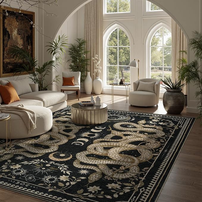 DCX 6x9 Washable Snake Rug for Living Room, Non Slip Low Pile Rug, Black | Rugs for living rooms, bedroom, dining room, office, soft, gothic rug, sain resistant indoor carpet, home decor