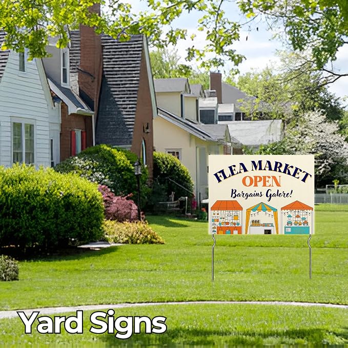 Flea Market Open - Bargains Galore! Yard Sign by DC | 24"x18" Double Sided Conv. Store Garden Sign with 13” Metal Stakes | Outdoor Signs Waterproof for Lawn, Patio, Sidewalk & House | Set of 5