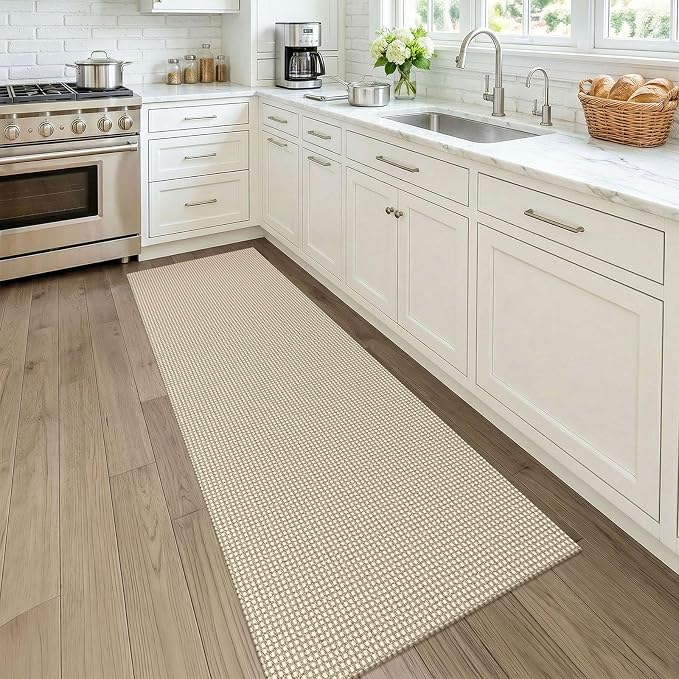 KOZYFLY Runners for Hallways 2x7 ft Washable Kitchen Runner Non Slip Rubber Backed Hall Runners Cotton Entryway Runner Rugs for Indoor Backdoor Bedroom Kitchen, Ivory/Camel/Brown