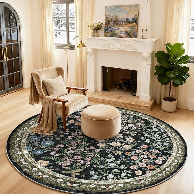 Washable Round Rugs for Bedroom 4ft: Living Room Rug Stain Resistant Non Slip Low Pile Ultra Soft Faux Wool Small Circle Rugs for Entryway Kitchen Nursery Dorm Home Office Bathroom Entrance Indoor