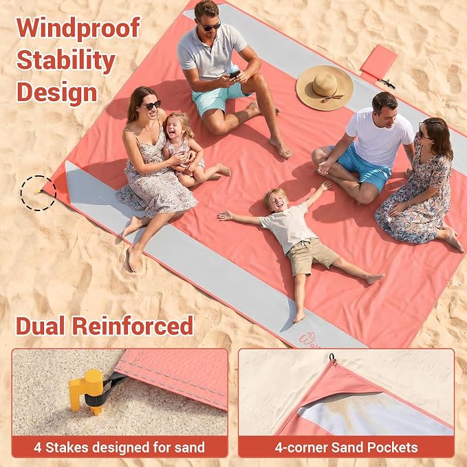 Wolfwise 108" × 120" XXL Beach Blanket, Waterproof & Sandproof Picnic Mat with 4 Sand Pockets & 4 Stakes, Windproof Outdoor Camping Beach Mat, Lightweight, Fits 8 People, Green