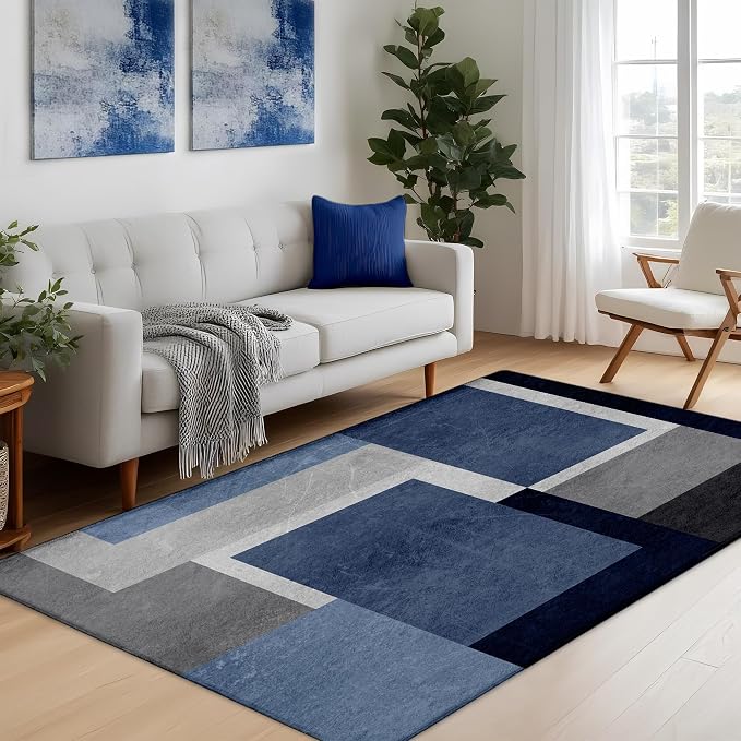 Washable Low-Profile Geometric Area Rug, 0.2 inch Thin Abstract Rug Design for Living Room & Bedroom Decor, 3x5 ft Blue Grey Modern Non-Slip Floor Rug